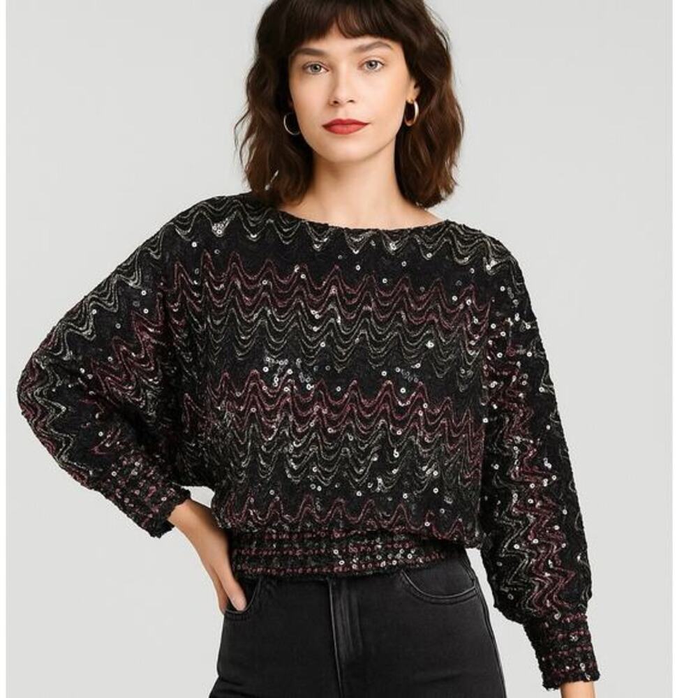 Unique 80s Vintage Studio 54 Black Purple Sequin Zigzag‎ Batwing Disco Large